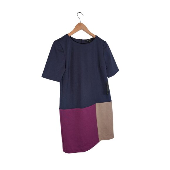 Sandro Studio Womens Mini Dress Size Small NWT Shift Colorblock Navy Tan Purple - Picture 2 of 6
